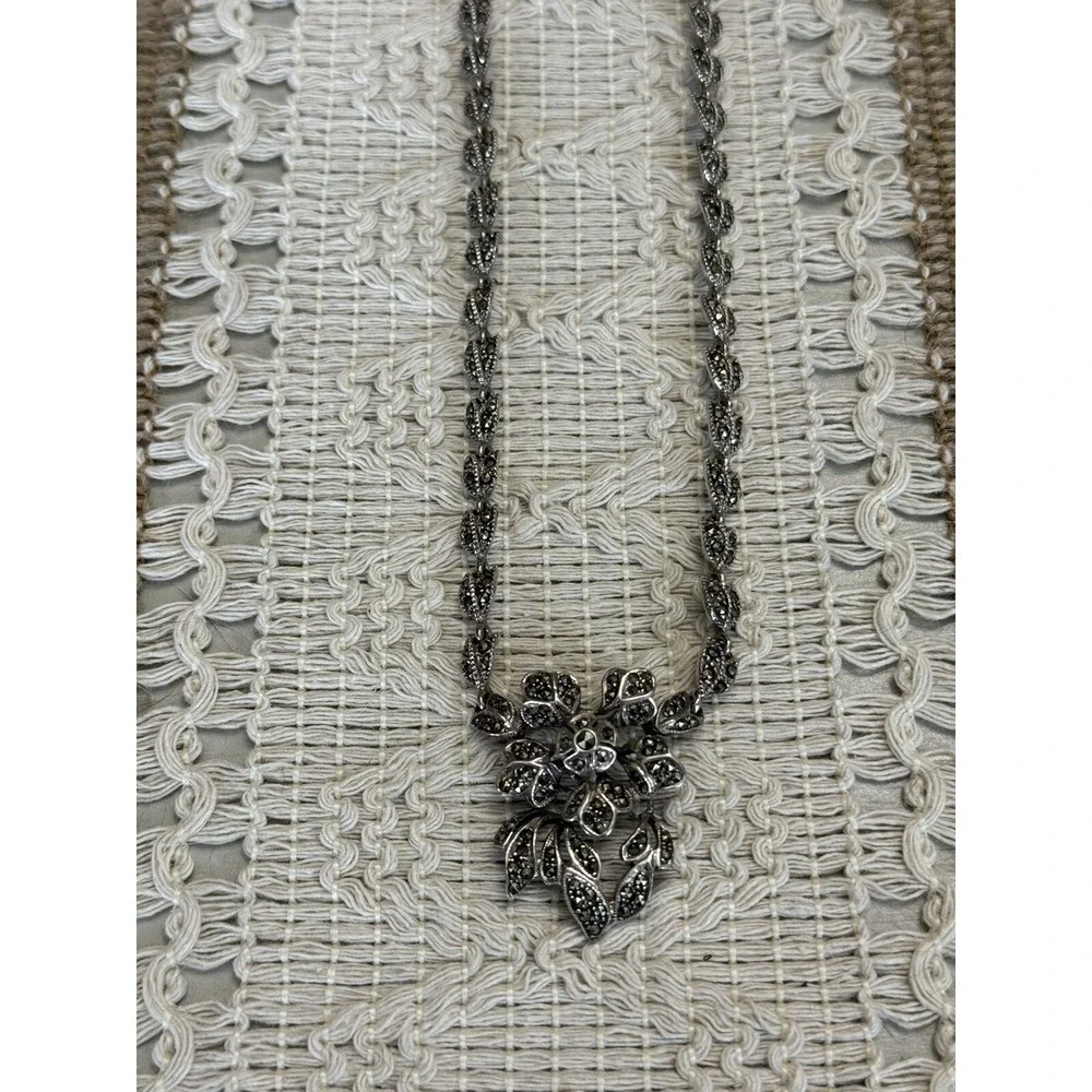 Vintage .925 Sterling Silver Marcasite Flower Pendant Choker 17" Necklace NF - Picture 2 of 10